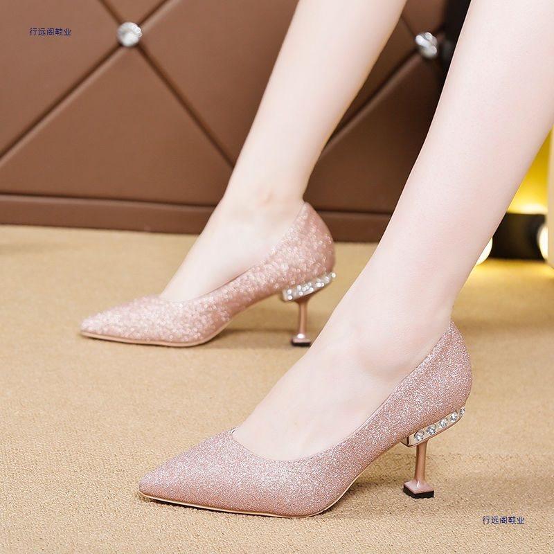 Wedding shoes women's new bridal shoes sequined versatile dress high heels stiletto low heels wedding shoes crystal shoes