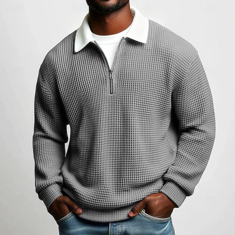 Men's Solid Big Waffle Knit Long Sleeve Polo Shirt, Lapel Zip Casual Sports Top for Autumn