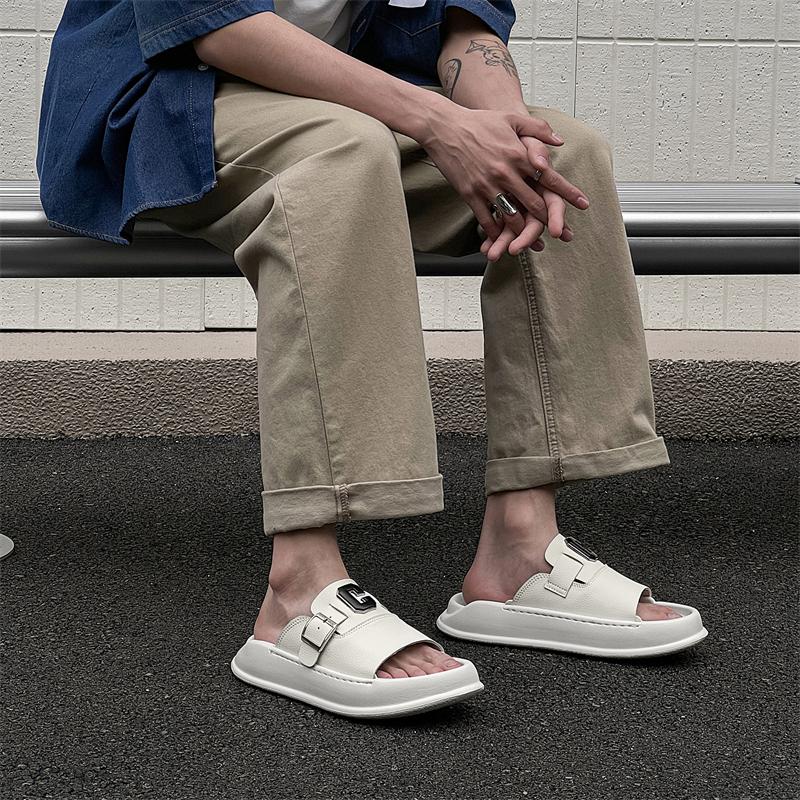 Fashion High Quality Luxury Men's Half Drag Summer Leather Slippers Cool Breathable Anti-Slip Flats Outdoor Trendy Beach Walking Shoes