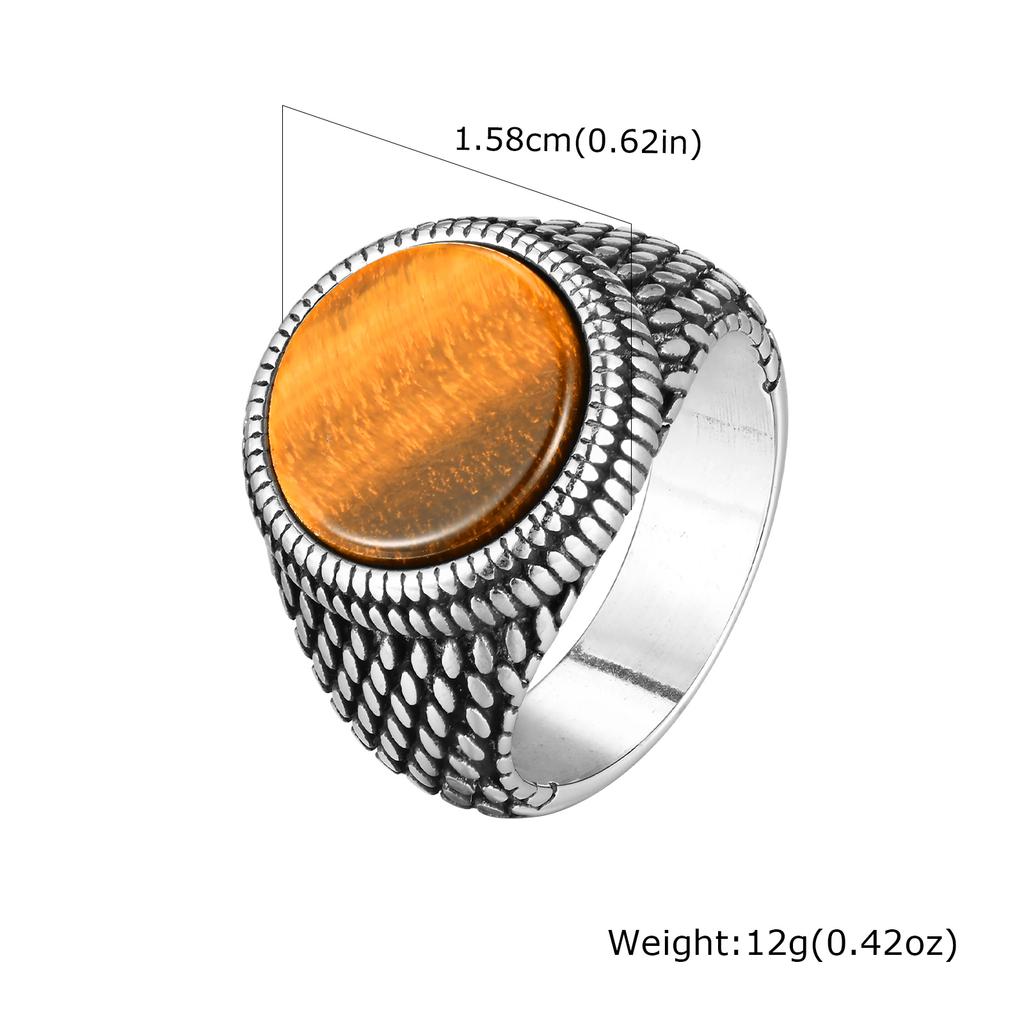 Punk Vintage Ethnische Ringe für Männer, Edelstahl Naturstein Schuppenring, Runder Stein Siegelring Geschenk für Ehemann Vater Sohn
