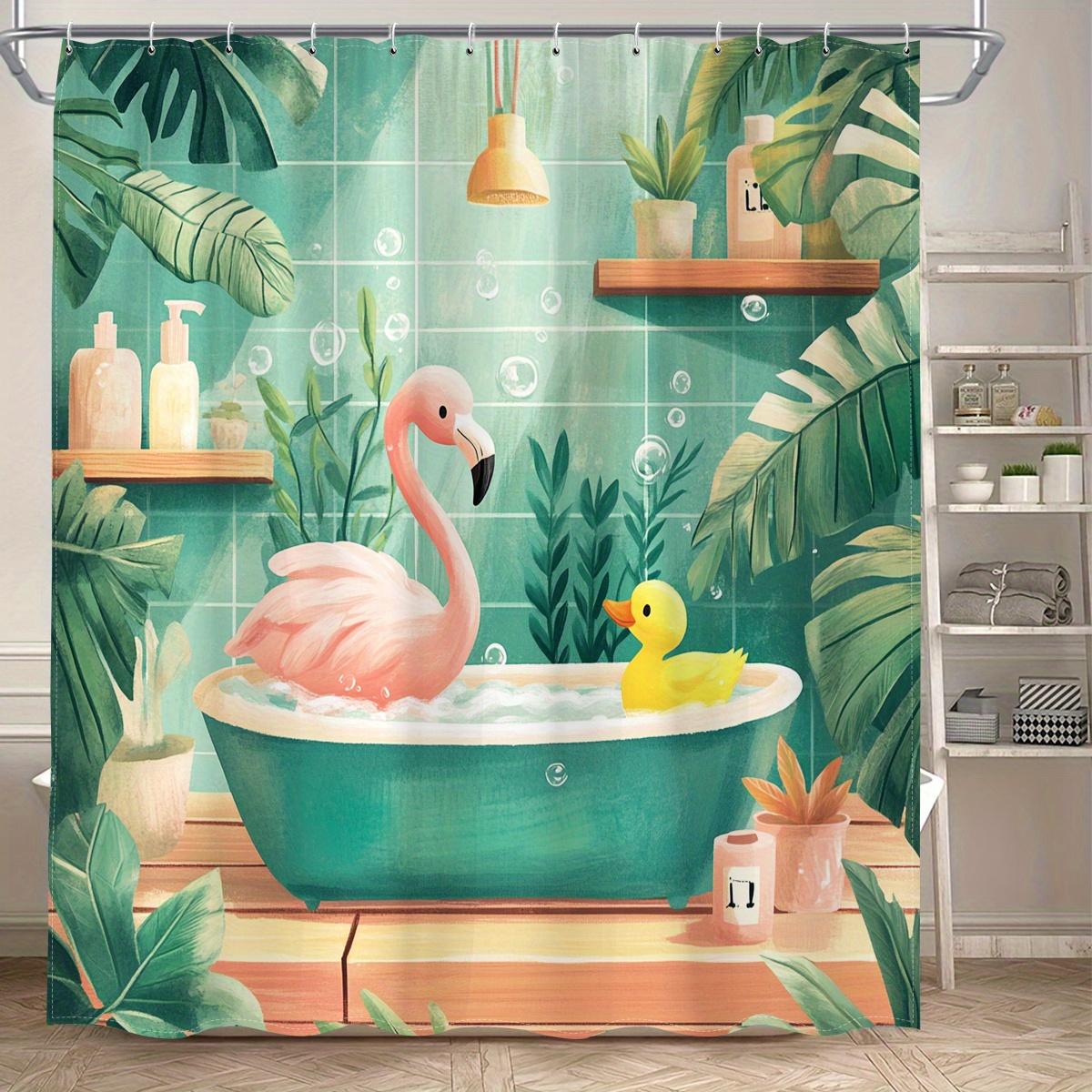 

1 Piece Green Cartoon Flamingo And Duck Shower Curtain-Vibrant Jungle Theme, Home Bathroom Decorative Shower Curtain W60H190(CM)-1 Pcs