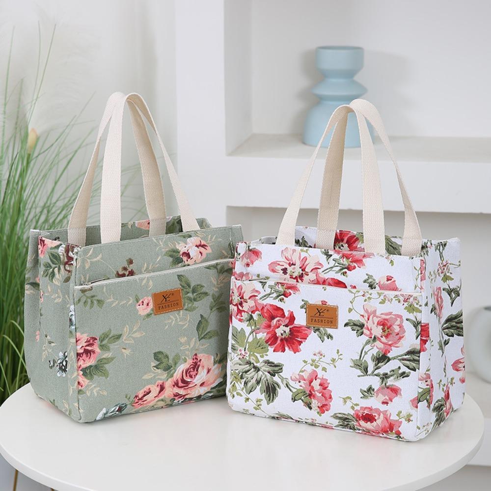 

Insulated Floral Print Lunch Bag Zippered Tote Bag Food Storage Bag Thermal Picnic Bag Worker Style D