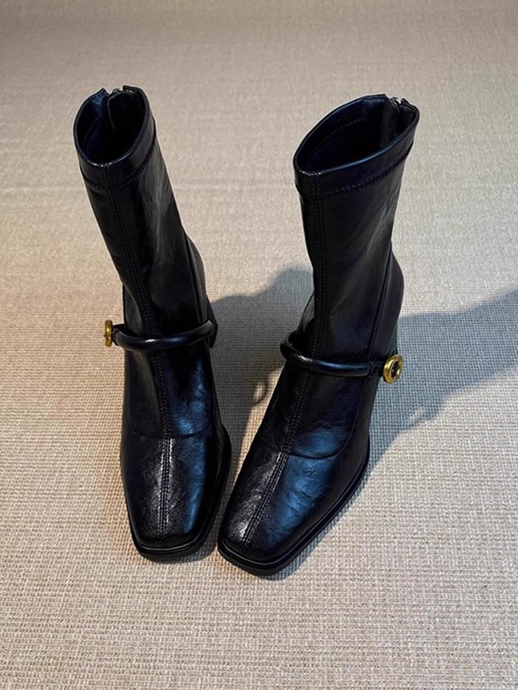 

High-heeled short boots women s 2025 autumn and winter new single boots new Chinese style elastic thin boots thick heel square head Martin boots 35