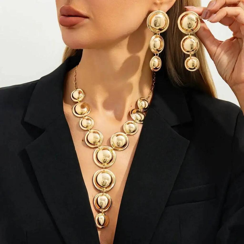KunJoe Luxury Glossy Round Pendant Necklace Drop Earrings Jewelry Set for Women Elegant Sexy Y-Shaped Long Chain Necklace Gifts