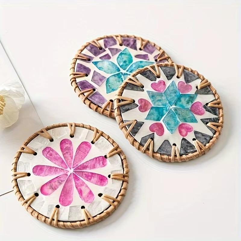 6pcs Handmade Resin Coasters Set Heat-Resistant Table Protectors with Shell Mosaic Leaf/Round Patterns Boho Coaster Party Decor
