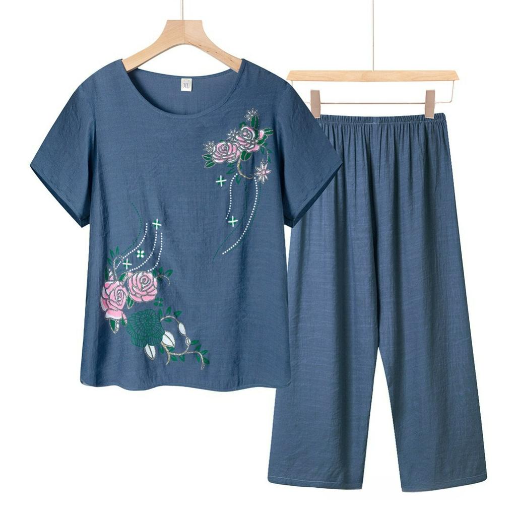 Pajamas Summer Short-sleeved Breathable T-shirt Suit Spring and Autumn Large Size Cotton and Linen Printed Home Service