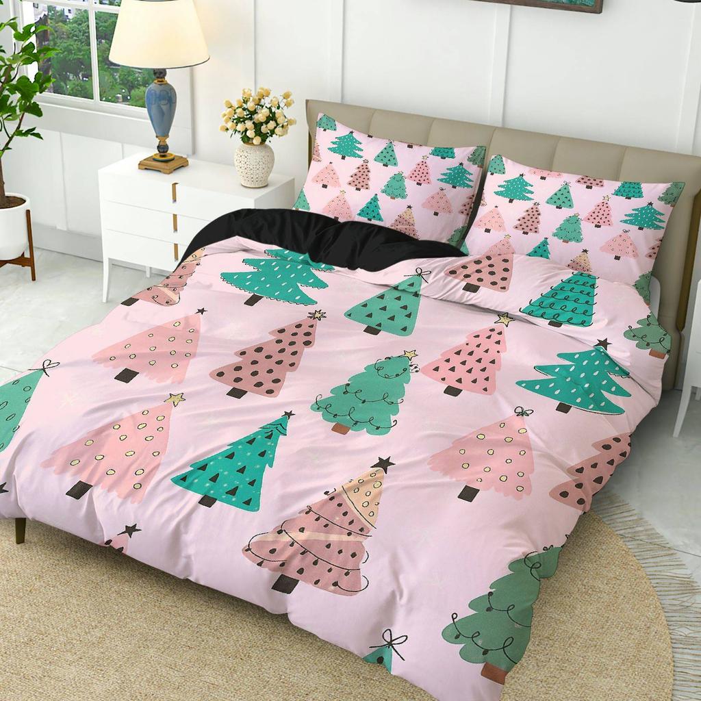 3pcs Christmas Tree & Star Duvet Cover Set - Pink Green Polka Dot Bedding with Zipper Closure Soft Polyester All-Season Bedding