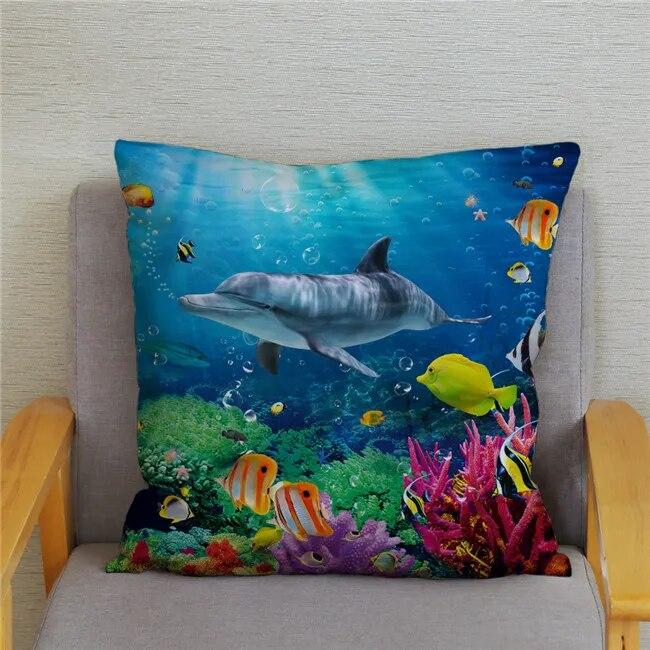 Cushion Cover Ocean Dolphin Pattern Underwater World Print Pillow  Kids Sofa Home Decor