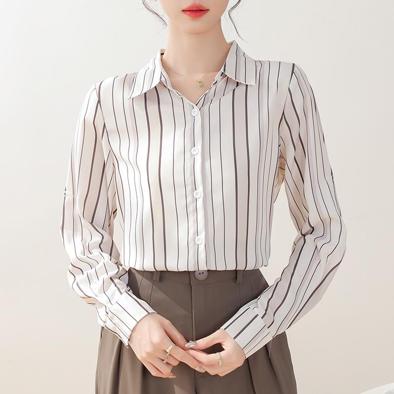 Women Blouses Shirts Long Sleeve Women Blouse Shirt Office Lady Turn Down Collar Striped Chiffon Blouse Shirt Women Tops J911
