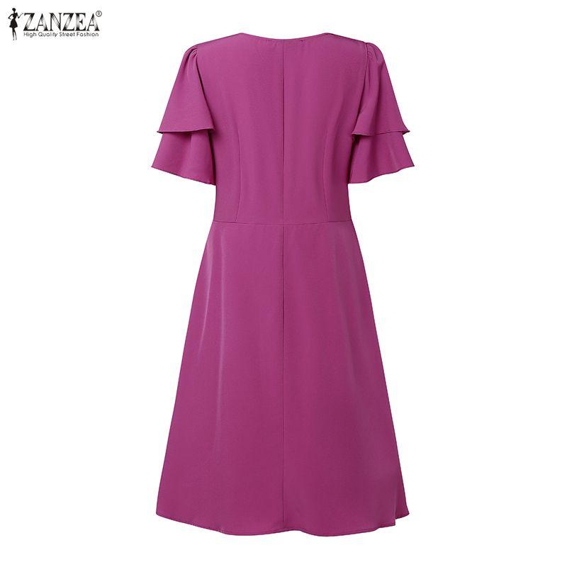 ZANZEA Women Casual V-Neck Summer Short Sleeve Pleated Dress