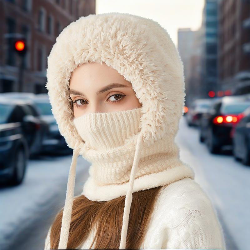 One-piece hat plus velvet thickened face-covering knitted hat, bib, mask, warmth kit