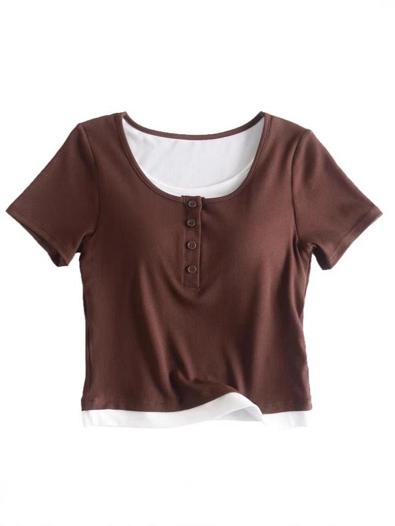 Women's Slim Fit Color Block Two-Piece Look T-Shirt with Chest Pads - Summer Style Short Sleeve Top