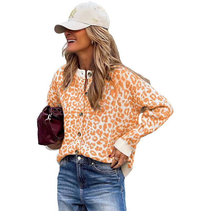 Women's Leopard Print Cardigan with Ribbed Cuffs, Front Button Closure