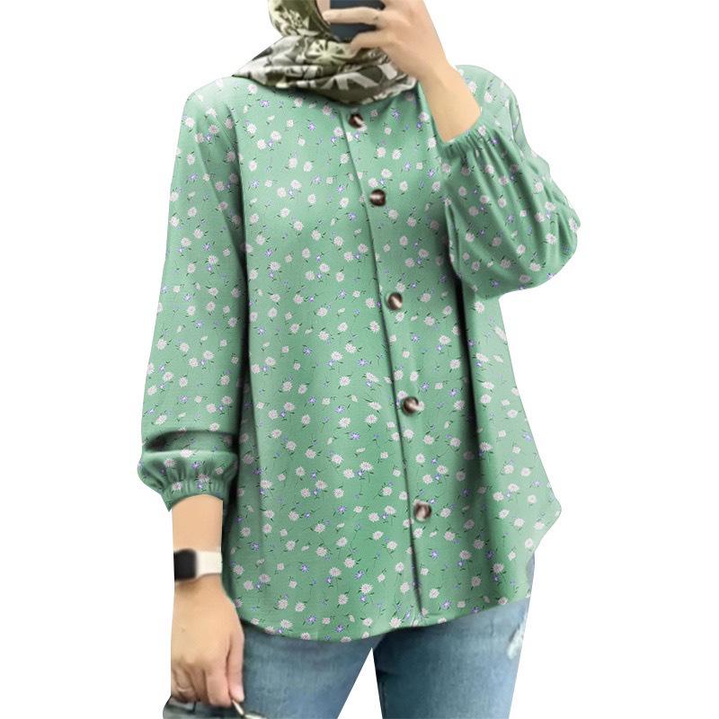 

2025 Новая женская мусульманская рубашка с цветочным принтом и пышными рукавами - Мода с Ближнего Востока 4XL зелёный