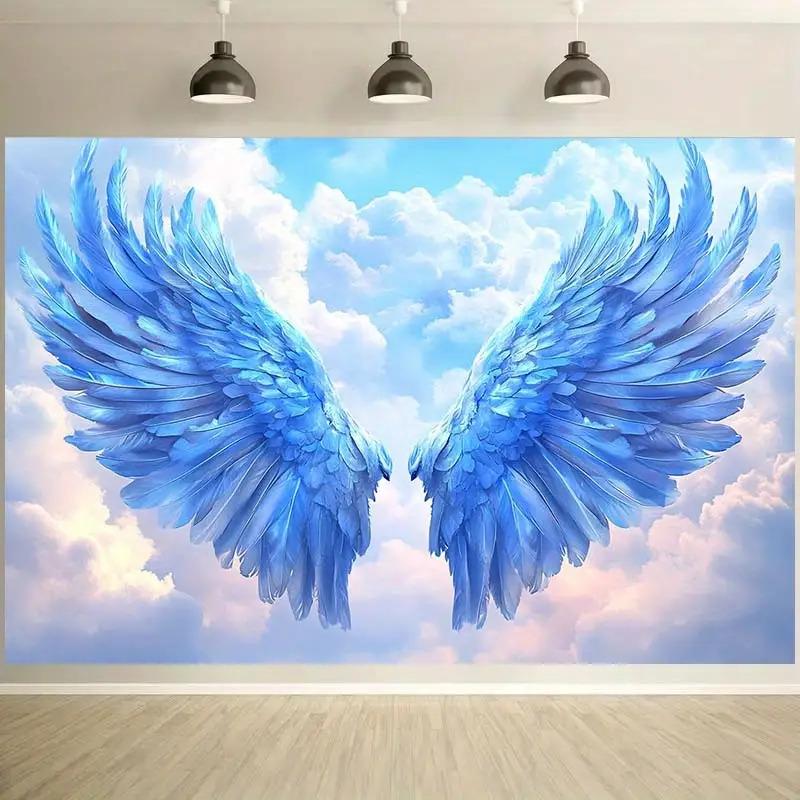 2D Graphic Design, 1 Large Blue Angel Wings and Cloud Background Fabric, Suitable for Birthdays and Weddings
