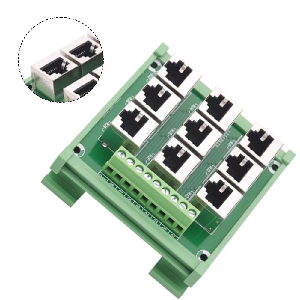 Klemmenblock für RJ45 Ethernet-Port mit 9 Schraubklemmen und kompaktem Design zur DIN-Schienenmontage in Schaltschränken