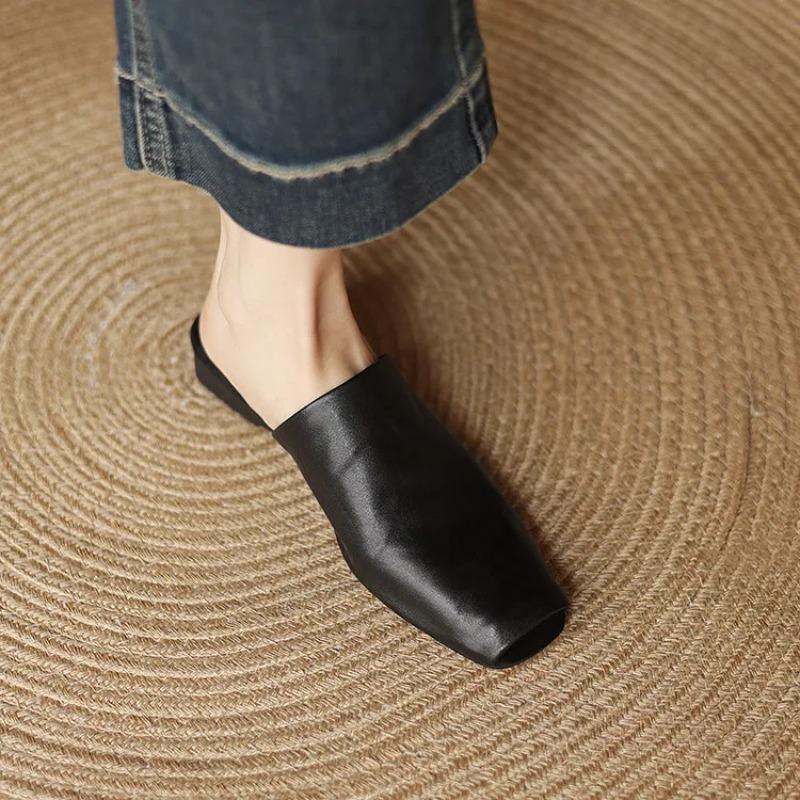 NEW Summer Women Mules Genuine Leather Shoes for Women Peep Toe Low Heel Shoes Cover Toe Women Sandals Concise Modern Slippers