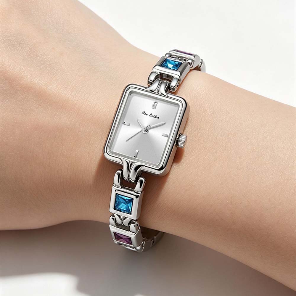 BS New Women's Quartz Watch Vintage-Inspired Square-Case Multi-Colored Gemstone “Rainbow” Luxury-Style Women's Watch FA1857