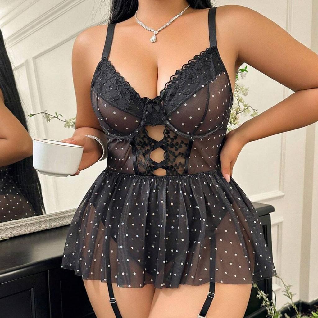 Women’s Plus Size French Style Sheer Mesh Polka Dot Lace Bodysuit Nightgown Summer Lightweight Lingerie