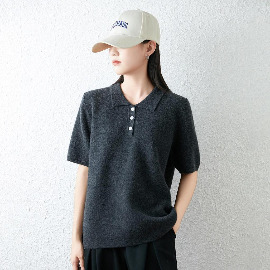 High-Quality Women's Pure Wool Short-Sleeve Lapel Sweater - Autumn/Winter 2025 - Commuting Loose Fit Knitwear Base Layer