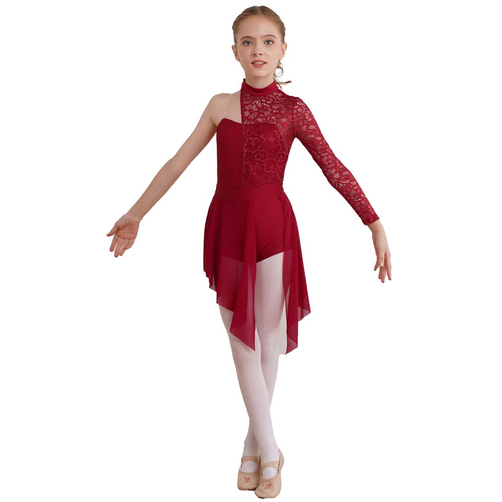 Child Girls Lyrical Dance Dress Ballroom Dancing Costumes Gymnastics Leotard with Asymmetrical Skirt for Figure Skating Dance Wear
