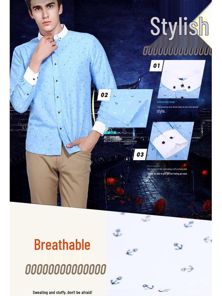 Camisa Masculina de Manga Longa com Gola Turn-Down, Estampa Xadrez Floral, Corte Slim.