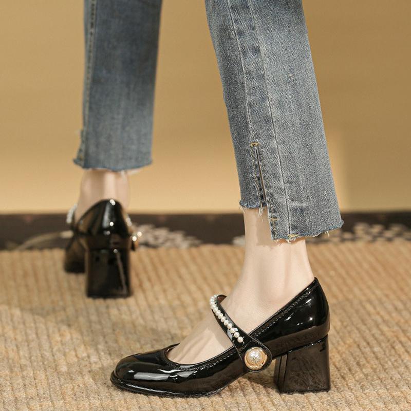 Fashion Luxury Pearl Beaded Strap Mary Janes Woman Block High Heels Shoes Bridal Wedding Pumps Ladies Wedges Tacones Mujer Dress Bombas