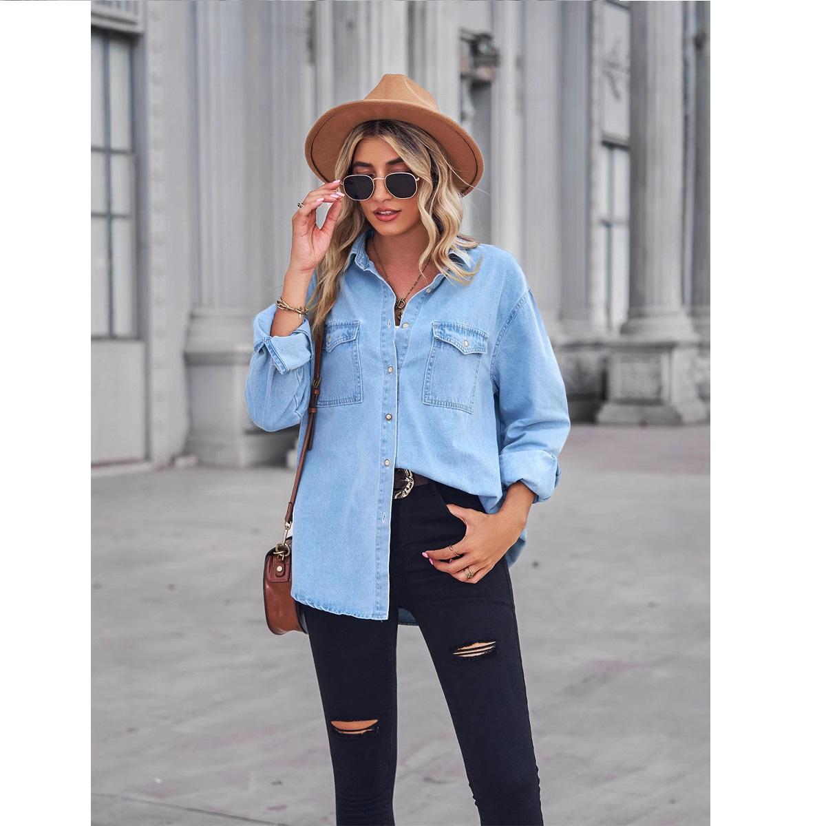 

Women s Light Colored Slimming Denim Long Sleeved Shirt, Women s Lapel Top XXL синій