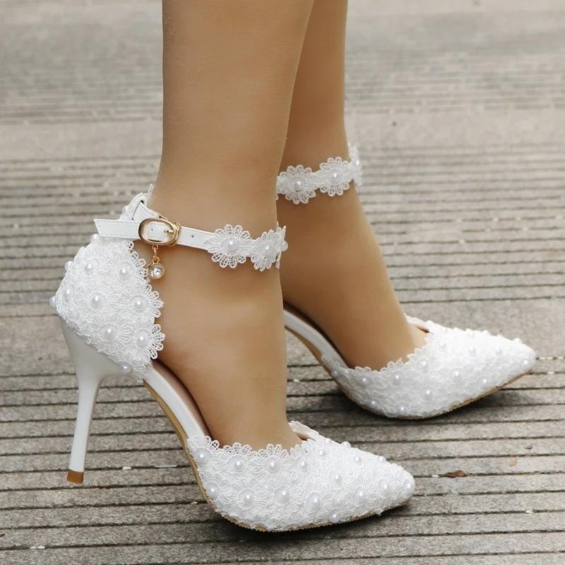 Fashion Wedding Shoes Bride White Wedding Shoes Female High Heels Ankle Strap Pumps Women's Shoes Rhinestone Lace High Heels Party Shoe