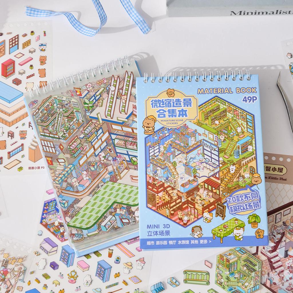 Mr Paper 49Pcs/Bag Business Town Series Mini 3D Miniature Scenography Sticker Book Visual Stacking Scene Stickers Diy Gift Decor