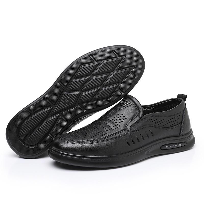 Summer First Layer Cowhide Hollow Breathable Dad Shoes Daily Casual Flat Men'S Single Shoes Overalls Sandals