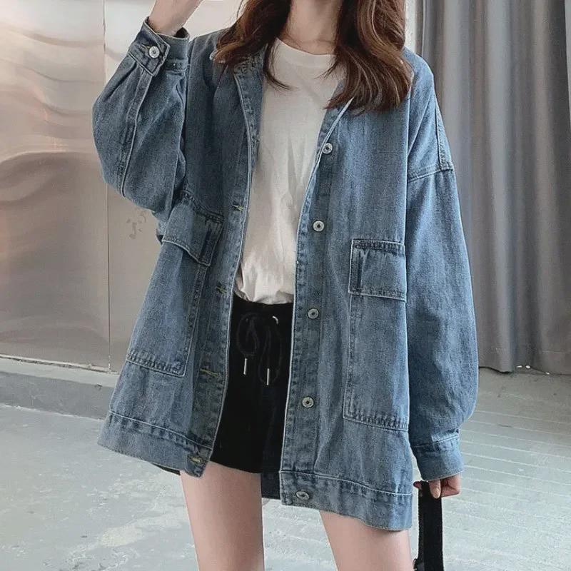 Women's Korean-Style Denim Jacket, Loose-Fit, Long-Sleeved, for Spring/Autumn 2021 - Trendy Harajuku Top