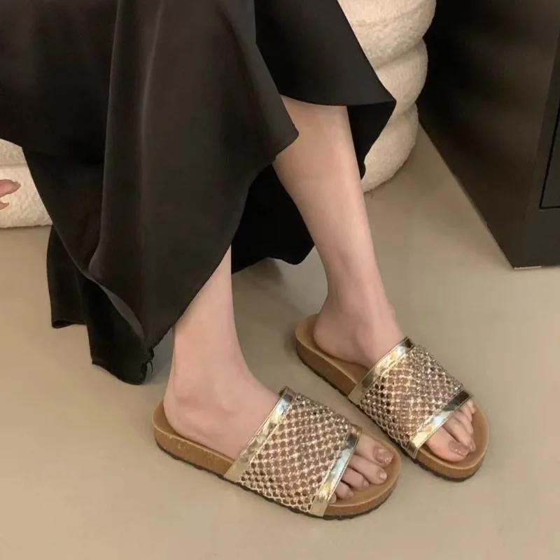 Fashion Women's Rhinestone Vintage Mesh Platform Slip Slipper Summer Fashion Outside Rhinestone Flat Slipper Slipper