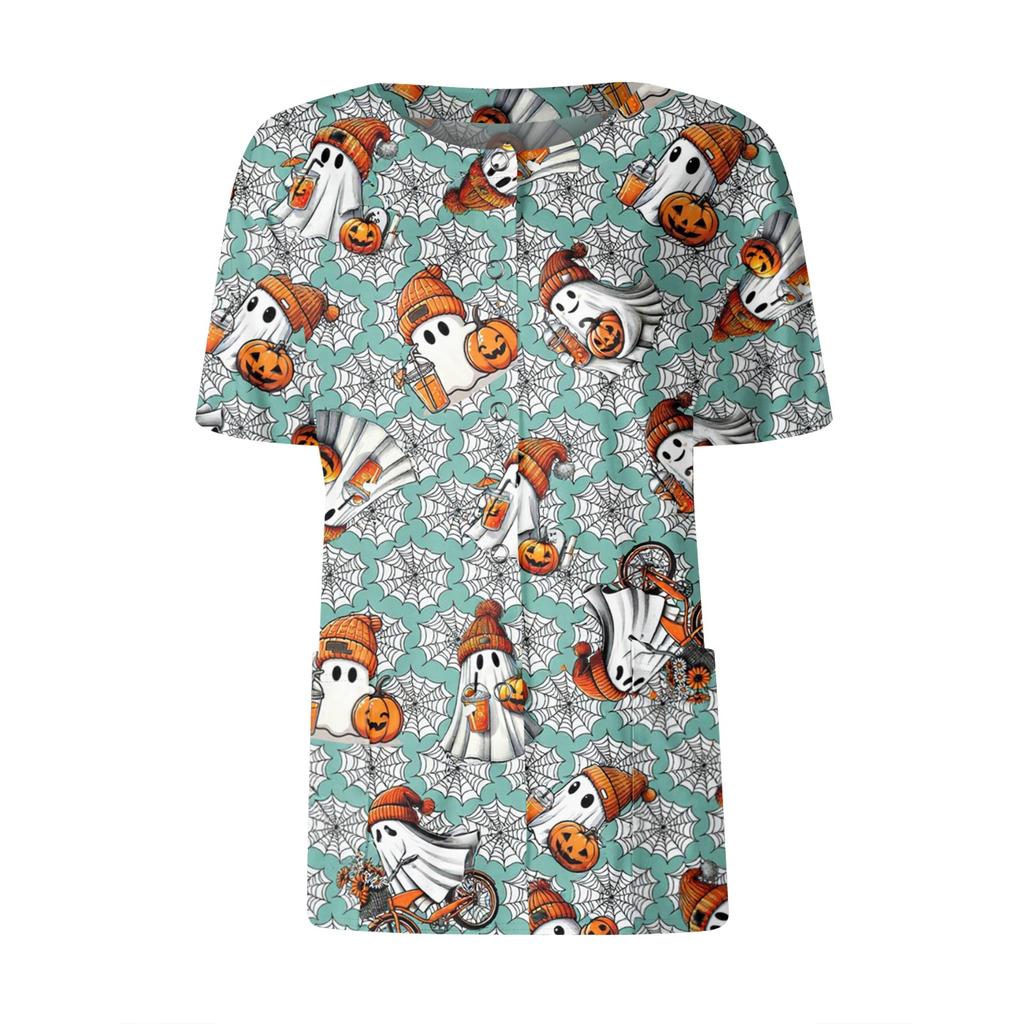 Women's Short Sleeved Patterned Pockets, Work Print Stand Up Collar, Single Breasted Protective Clothing, Cardigan Jacket, Top