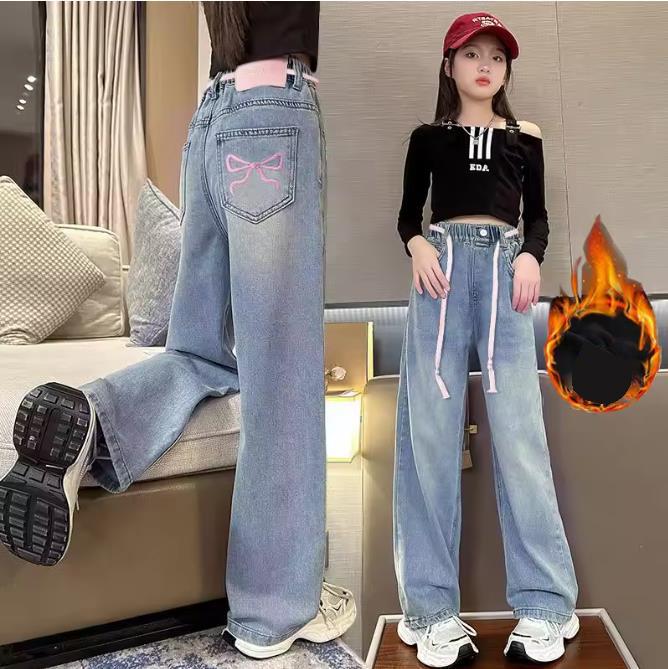 Girls' Denim Wide Leg Pants Children Insulated Jeans for Girls Baby Warm and Thick Denim Pants for Girls Winter Trousers for Kids Teenagers