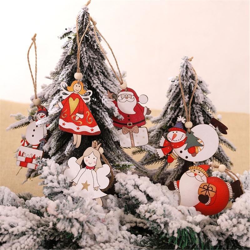 Hand Painted Natural Wooden Christmas Ornaments Hanging Pendant Santa Angel Snowman Decorations For Holiday Tree