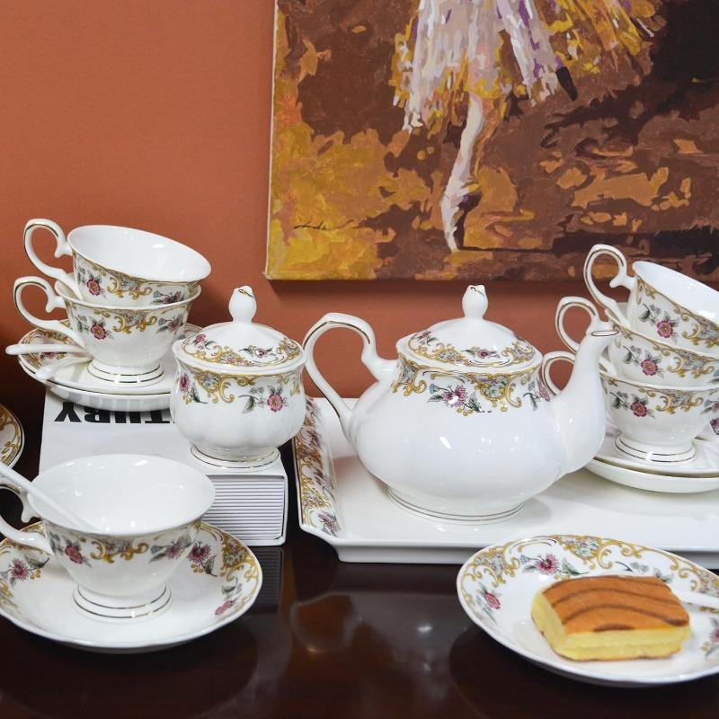 Bone China Tea Cup and Saucer Sets,Porcelain Tea Set with Teapot, Sugar Bowl,Creamer Pitcher,Floral Vintage Tea Cups and Saucers for Party Gift Giving