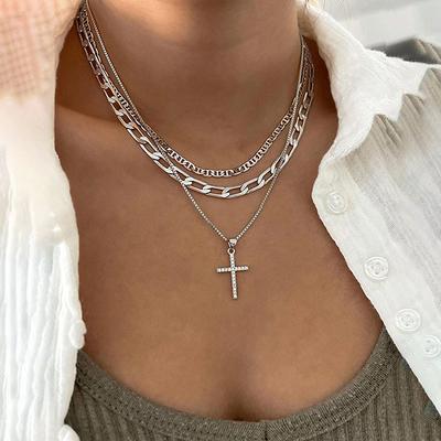 Künstlicher Kristall Kreuz Halskette Damen Luxus Geschenk 3tlg/Set Retro Stapelbare Halskette Schmuck Accessoire