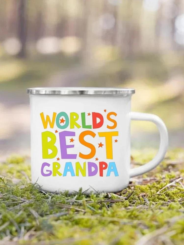 Coffee Beer Cups Drink Wine Juice Mug World's Best Grandpa Printed Enamel Mugs Dessert Cocoa Milk Handle Cup Best Gift