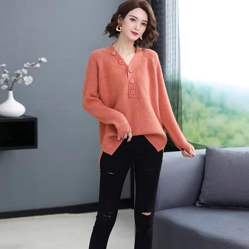 Women's V-neck Pullover Sweater Autumn New Style Loose and Thick Single Breasted Knitted Sweater