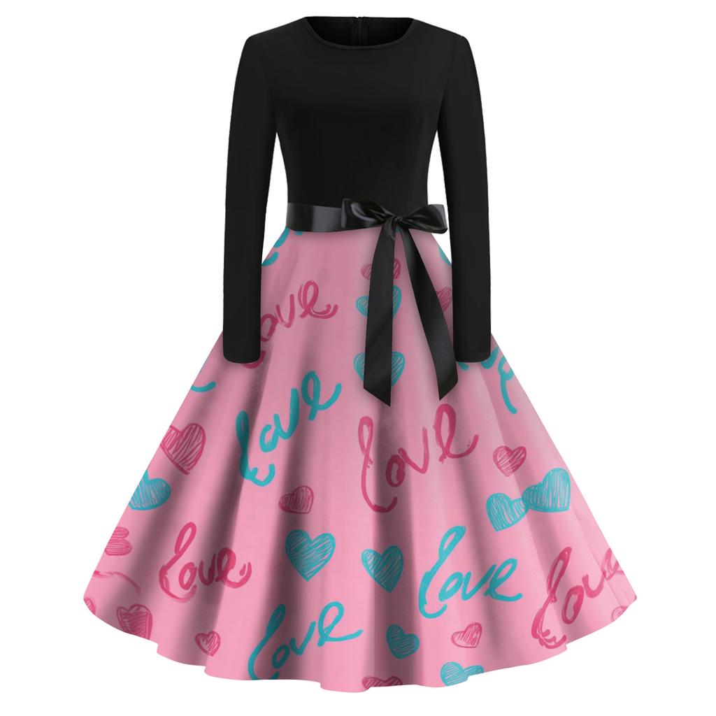 Women's Fashion Round Casual Slim Fit  Print Large Swing Long Sleeve Dress