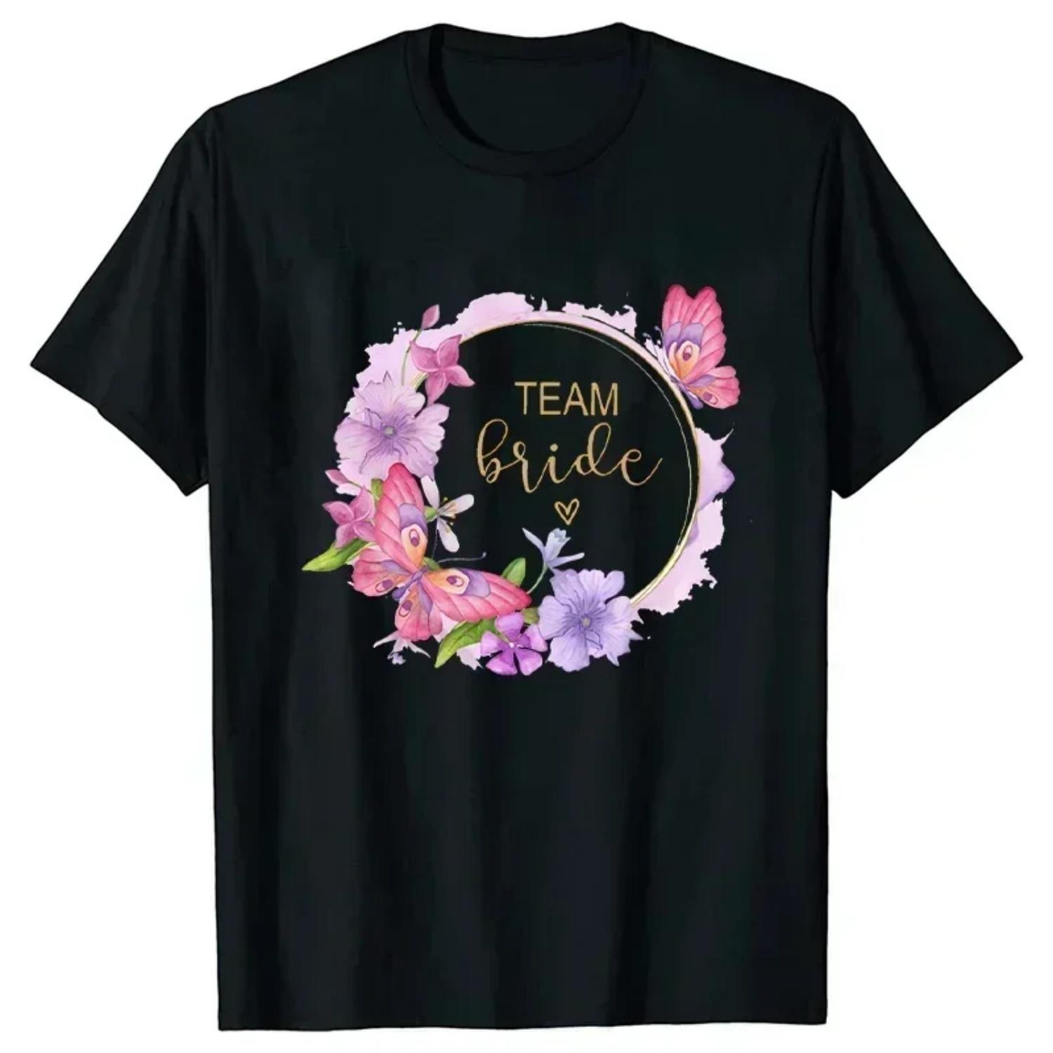 

Team Bride T-shirt Women Bachelorette Hen Party EVJF Future Bride Tshirt Flower Golden Graphic Black Tees Bridal Wedding Tops S чёрный