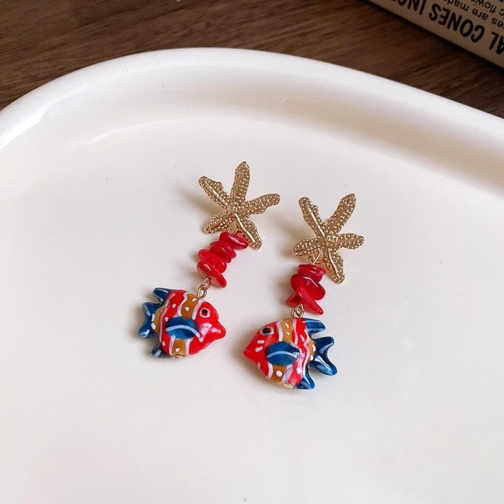 Creative Beaded Fish Drop Earrings Ocean Style Unique Animal Dangles Glass Red Starfish Stud Earrings for Women