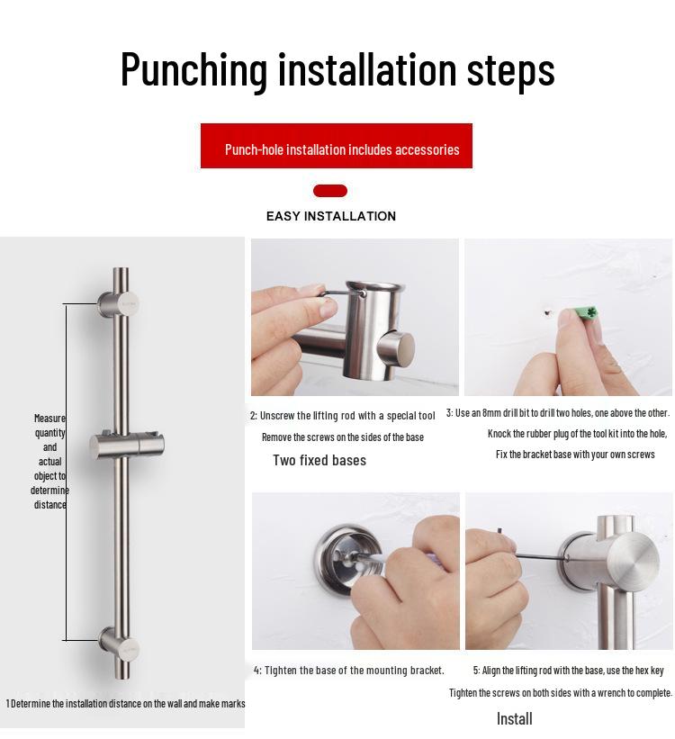 Adjustable No-Drill Stainless Steel Shower Head Holder and Sprayer Base
