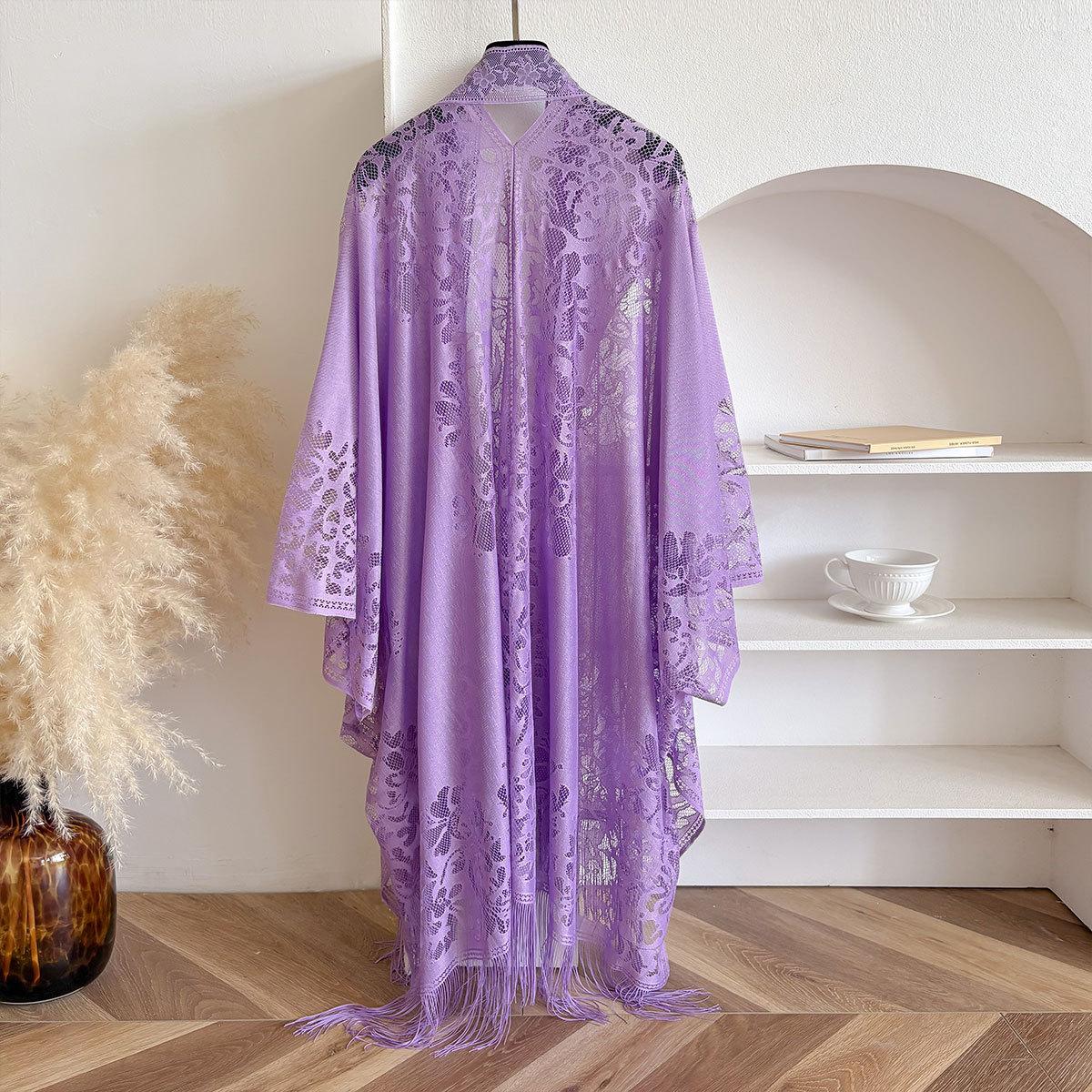 

Летнее ципао с кардиганом, весенне-летнее тонкое темпераментное кружевное ажурное бахромчатое древнее шаль фиолетовый