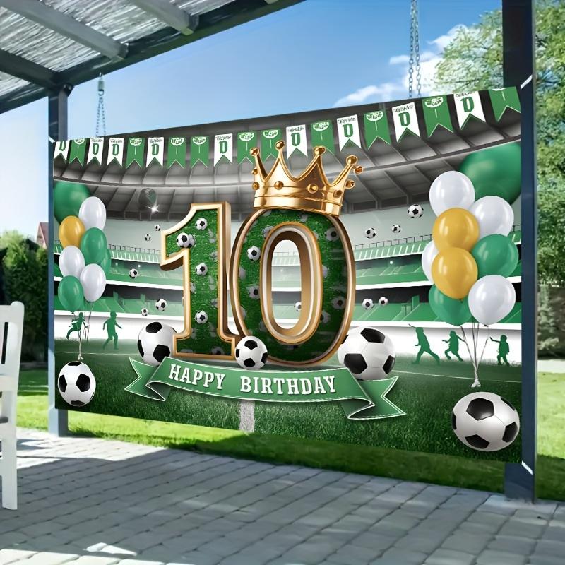 1pc Football-themed 10th Birthday Party Banner - Polyester Background with Football and Player Outlines, Green "Happy Birthday"