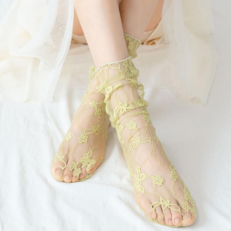 Black Floral Mesh Lace Medium Socks Women'S Sexy Hollow Stockings Japanese Lolita Charm Girls White Princess Hosiery Sox