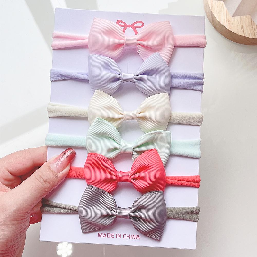 6Pcs/set Solid Color Grograin Ribbon Bowknot Headband For Girls New Headwear Elastic Hair Bands Infant Kids Hair Accessories