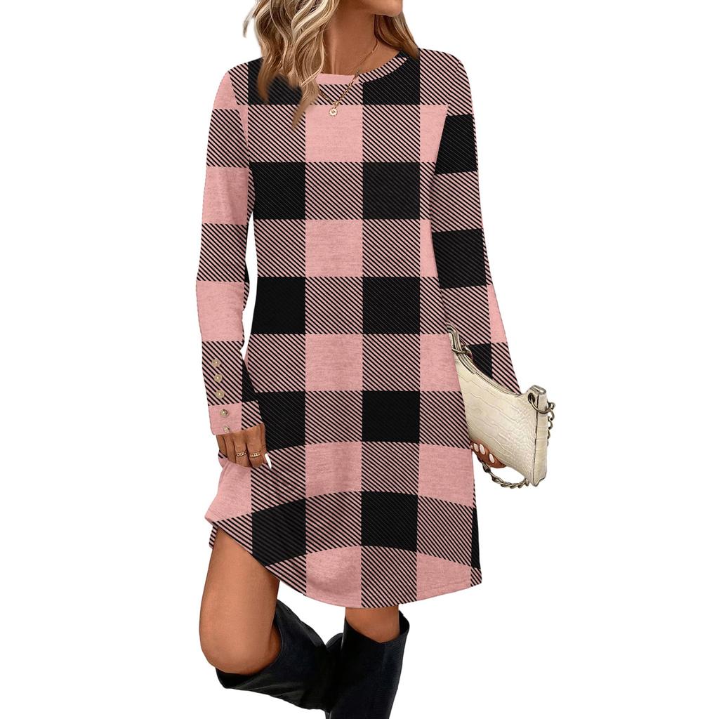 Rochie Casual de Damă la Modă Cu Buzunar, Nasturi Decorativi, Gât Rotund și Mâneci Lungi