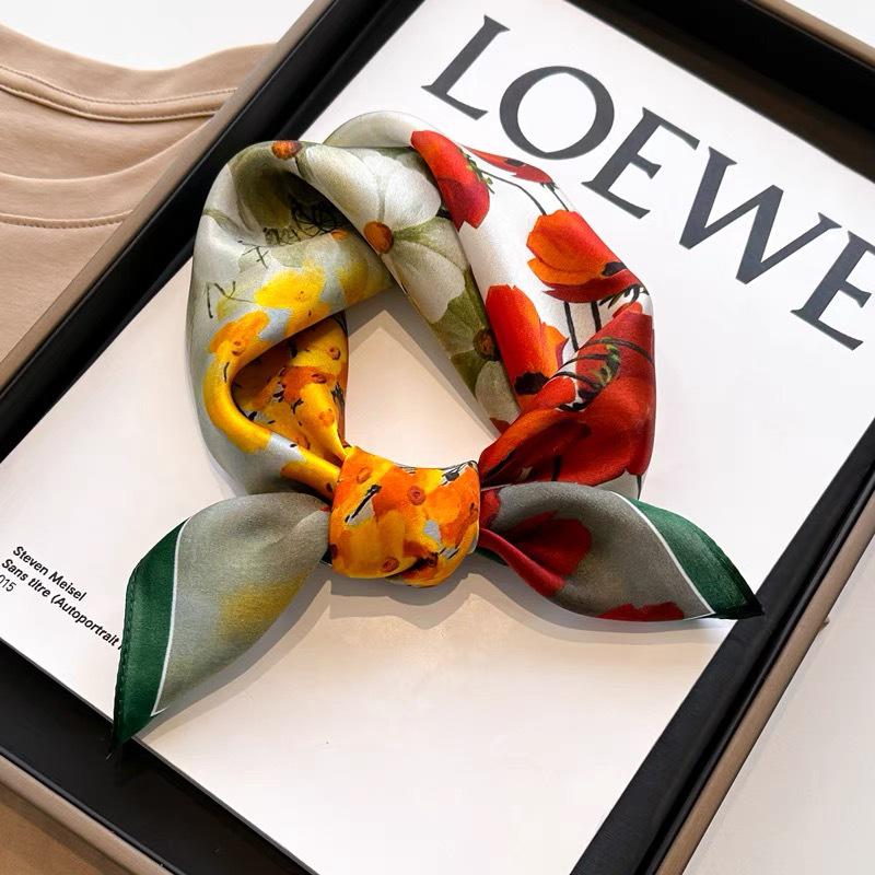 Dámský béžový hedvábný šátek - 53 cm Korejský styl Tištěný čtverec, 100% morušové hedvábí na jaro/léto